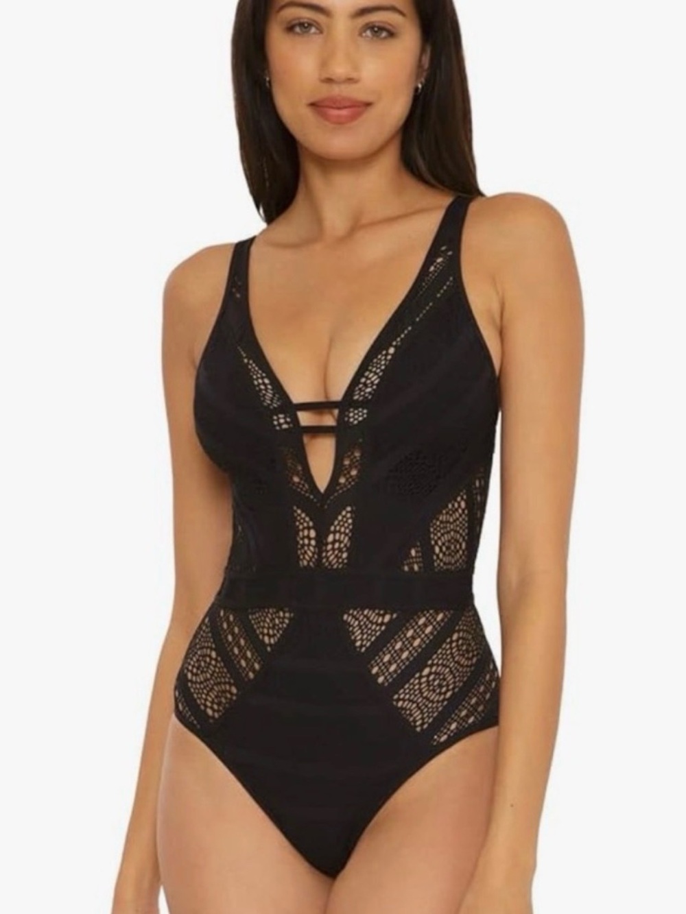 BECCA Black Color Play Plunge Neck One-Piece Swimsuit Medium NWT